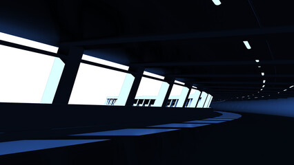 3d render of abstract interior with blue light in the end. Futuristic architecture background, empty corridor. 3d render illustration
Abstract modern architecture background. Futuristic hallway.