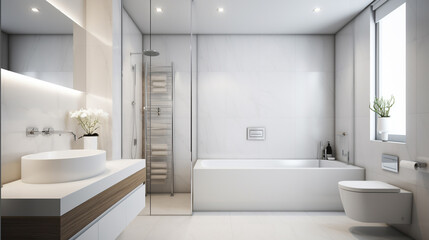 Obraz na płótnie Canvas A sleek modern bathroom with a white color scheme, generative ai