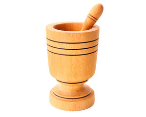 Wooden mortar with pestle isolated on white background