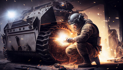 Skillful metal worker working with plasma welding machine in army workshop wearing safety equipment. Repair of a combat vehicle damaged in battle.