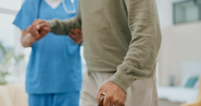 Walking stick, senior man and nurse holding hands for disability support, help or retirement nursing service. Elderly patient or person with caregiver for Parkinson, arthritis or mobility with doctor