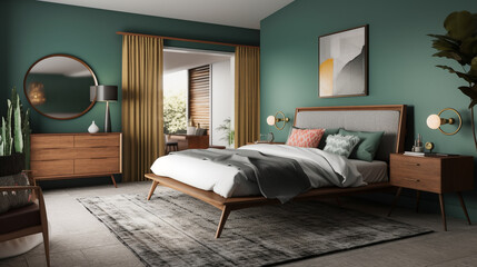 A vintage mid-century modern bedroom with a teak wood bedframe, generative ai