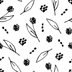 Delicate calm floral vector seamless pattern. Black outline of wild flowers, leaves on a white background. For printing on fabrics, textiles, packaging, clothing, men's shirts.
