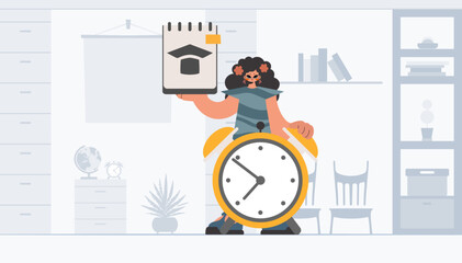 Energized lady with one of a kind and caution clock, learning subject. Trendy style, Vector Illustration