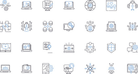 Digital security line icons collection. Encryption, Firewall, Authentication, Malware, Cybercrime, Phishing, Cyberattack vector and linear illustration. Ransomware,Two-factor,Keylogger outline signs