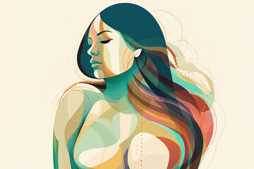 Body positivity, female beauty, confidence, sexuality art concept. Beautiful sexy woman with closed eyes, abstract figure illustration. Generative AI