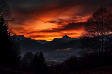 Obraz premium The sunset sky and the mountains in Switzerland. AI generative