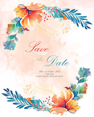 Save the date with flowers and watercolor background.