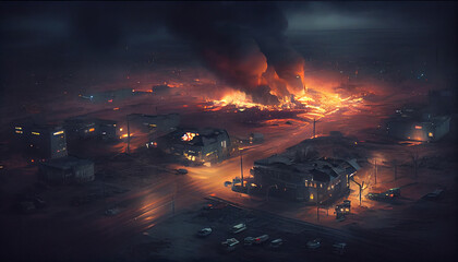 Detailed destruction of fictitious city with fires, explosion, sinkholes, train derailment. Symbolic of war, natural disasters, judgement day, fire, nuclear accident, terrorism, or meteorite fallout.