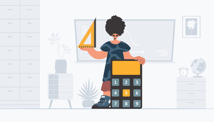 The person is holding a ruler and a calculator, learning subject. Trendy style, Vector Illustration