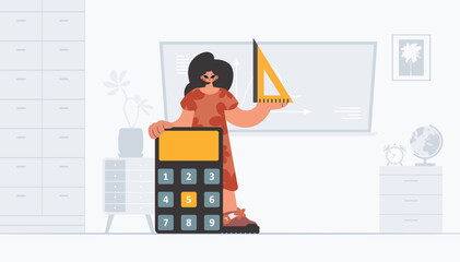 Energized lady holding a ruler and calculator, learning subject. Trendy style, Vector Illustration