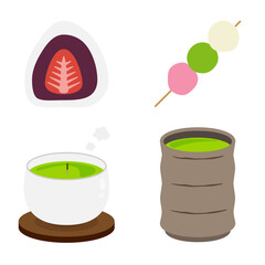 湯飲みに入った2種類の緑茶と、日本の和菓子(いちご大福、三色だんご)のベクターイラストセット。