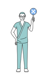 不正解を示す×の棒を持つ中年・シニア男性入院患者