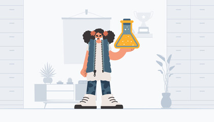 Unending lady holding chemical carafe, learning point. Trendy style, Vector Illustration