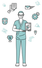 DXのイメージ、デジタル技術を利用して業務改善を行う中年・シニア男性入院患者