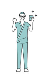 預金通帳を見て喜ぶ中年・シニア男性入院患者