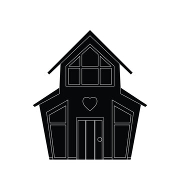 Vector monochrome contour pictogram of a country house. Downtown architecture. Rental and sale of housing. Outline picture