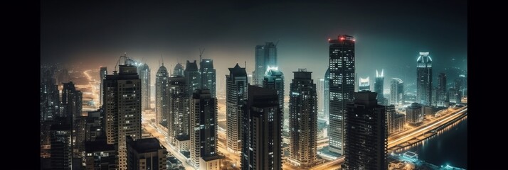 The night view of the skyscrapers, panorama. AI generative