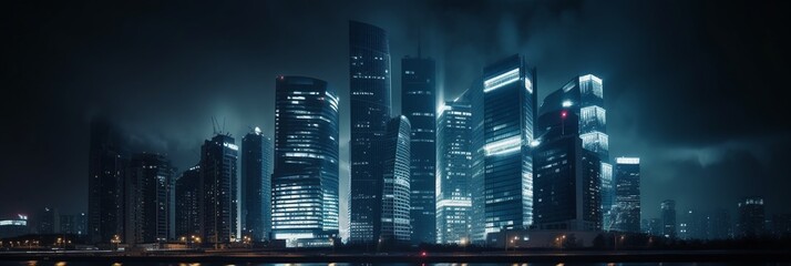 The night view of the skyscrapers, panorama. AI generative