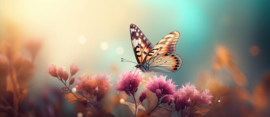 beautiful summer background with butterflies and colorful meadow flowers. spring landscape. bokeh. sunny day. ai