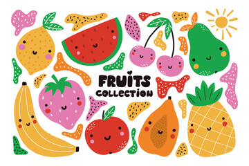 Set of cute fruits with smiles. Bright vegetarian food collection on white background. Colorful vector illustration in cartoon style.