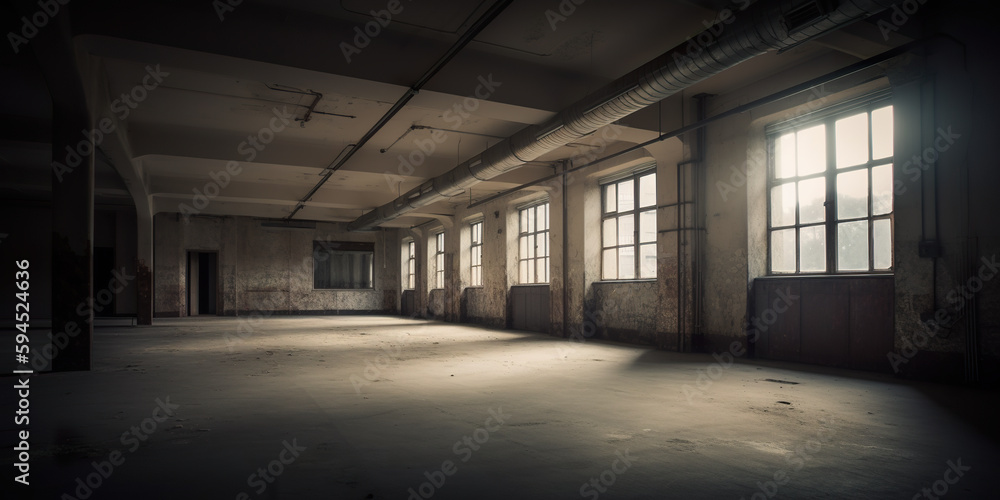 Poster an empty room with a lot of windows. ai generative image