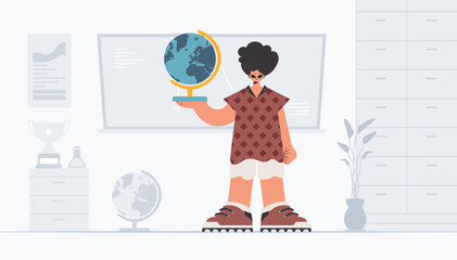 The individual is holding a colossal globe, the subject of learning. Trendy style, Vector Illustration
