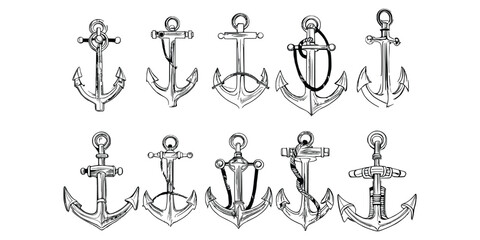 Ten Style Sea anchor Hand drawn vector, line art anchor, 
