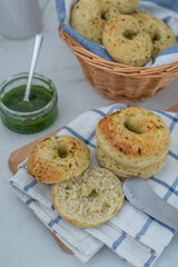 home made whole grain Bagels with wild garic on a table