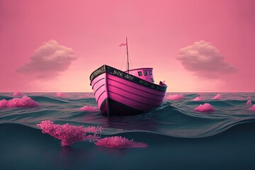 A pink boat floating on top of a body of water created with Generative AI technology