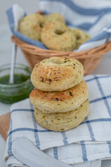 home made whole grain Bagels with wild garic on a table