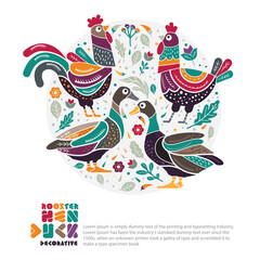 Ducks, Hens and rooster animal decorative vector illustration.	