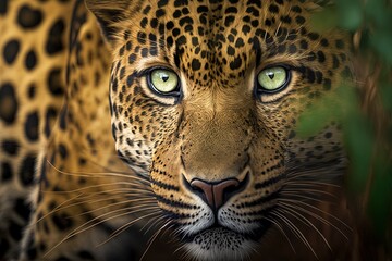 Fototapeta na wymiar A close up of a leopard with green eyes created with Generative AI technology