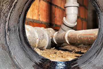 Sewer pipes in home basement. System of gray sanitary pipes when building a house. Sewer installation for sewage disposal.