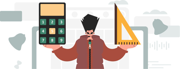 The individual is holding a ruler and a calculator, learning subject. Trendy style, Vector Illustration