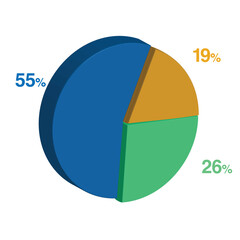 26 55 19 percent 3d Isometric 3 part pie chart diagram for business presentation. Vector infographics illustration eps.