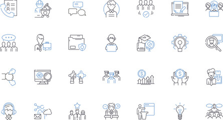 Task skill line icons collection. Efficiency, Productivity, Organization, Focus, Time-management, Prioritization, Communication vector and linear illustration. Delegation,Adaptability,Critical