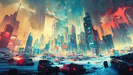 Fototapeta na wymiar Cyberpunk city in snowy night created with Generative AI tool Midjourney