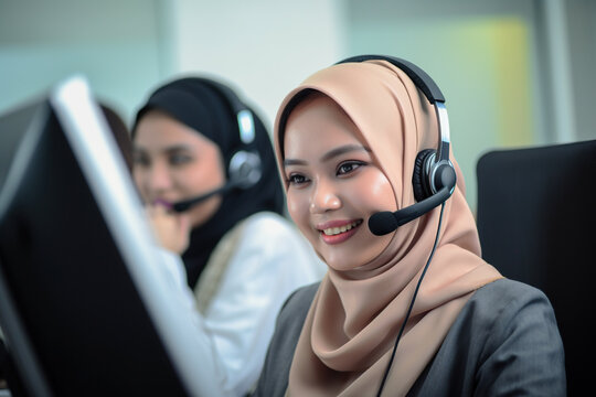 Hijab woman call center operator with headset working with customer support. Generative AI