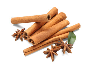 Cinnamon sticks with anise and leaf on white background