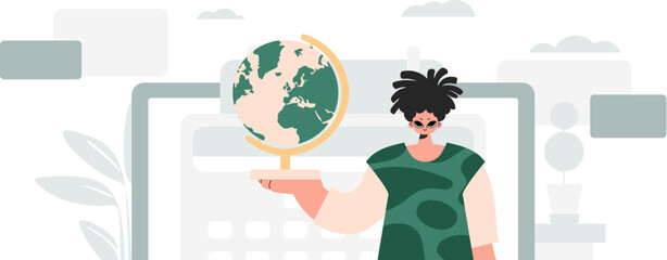 The individual is holding a colossal globe, the subject of learning. Trendy style, Vector Illustration