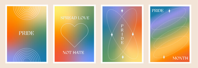 Modern design templates for Pride Month posters and Gay Love card in y2k style. Set of trendy minimalist aesthetic with rainbow gradients and queer slogans. Vector LGBTQ background and wall art print.