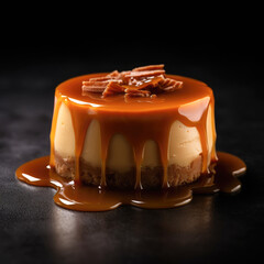 Cinematic shot of a caramel cheesecake showcases its smooth, creamy texture and decadent caramel flavor, perfectly illuminated by accent lighting against a white background, creating a stunning appeal