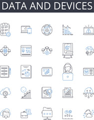 Data and devices line icons collection. Information and gadgets, Stats and tools, Facts and equipment, Figures and instruments, Records and machinery, Details and technology, Numbers and devices
