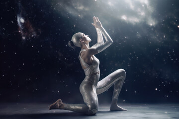 Obraz na płótnie Canvas Woman doing yoga, cosmic energy background, Generative AI