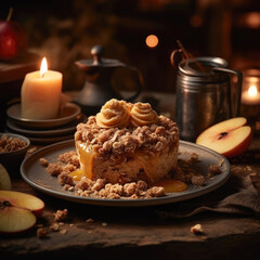 Fototapeta premium A scrumptious caramelized apple crumble, captured in a stunningly cinematic shot that highlights the buttery crumble and sweet-tart apple filling, perfectly illuminated by accent lighting.