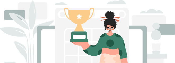 Energized lady holding the winner's holder. Trendy style, Vector Illustration