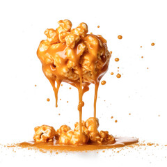 Dynamic shot of salted caramel popcorn, drizzled with caramel and sprinkled with salt, with contrasting light and caramel popcorn in the foreground. Isolated white background adds to the visual appeal