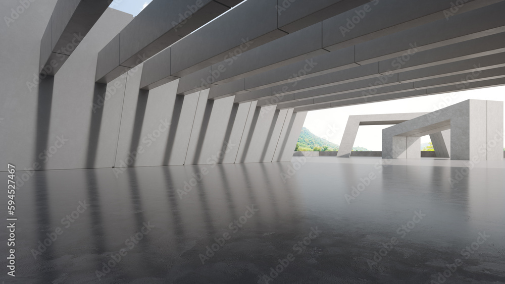 Poster abstract architecture design of modern building. empty parking area floor and concrete wall with mou