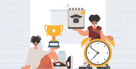 Person and energized lady school understudies, analyzing to start with school subjects. Trendy style, Vector Illustration